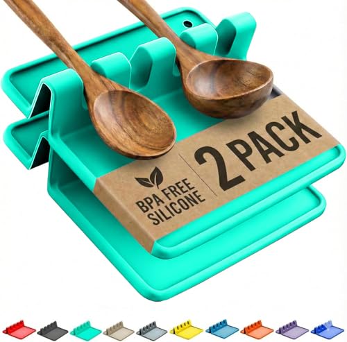 Cooler Kitchen Aqua Green Silicone Spoon Rest for Stove Top with Drip Pad (Two Pack) - Heat-Resistant, BPA-Free Utensil Rest & Spoon Holder for Kitchen Counter - Grill Utensil Holder for Spatulas - color: Coastal Teal, size: Medium - 2 Packs