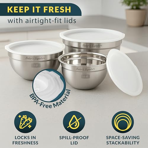 Stainless Steel Mixing Bowls with Lids Set of 3, Nesting Metal, 1.5/3/5 Qt | Mirror-finish interior, dishwasher safe & BPA-free; stack for food prep, baking, storage & serving - size: Set of 3