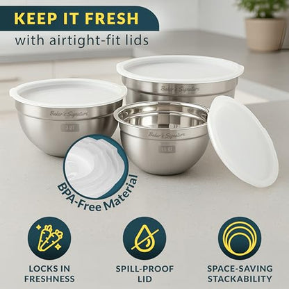 Stainless Steel Mixing Bowls with Lids Set of 3, Nesting Metal, 1.5/3/5 Qt | Mirror-finish interior, dishwasher safe & BPA-free; stack for food prep, baking, storage & serving - size: Set of 3