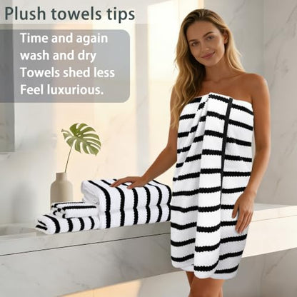 VOOVA & MOVAS 6PC Towel Set, 100% Cotton, Black White | 2 Large Bath Towels 30x56 In, 2 Hand Towels 18x28 In, 2 Washcloths 13x13 In, Quick Dry, Thick, Soft, College Dorm Towels - color: Black + White, size: 6 PC Bathroom Towel Set