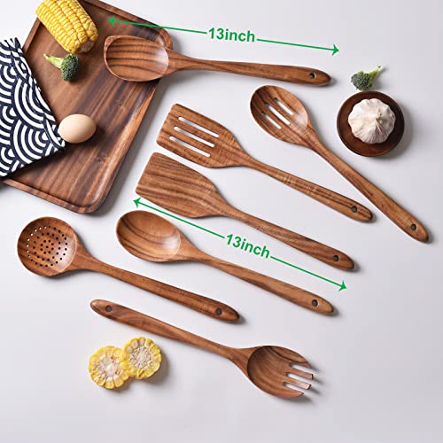 Gudamaye 13 inch Long Wooden Utensils for Cooking, Long Handle Wooden Spoons for Cooking, 7 PCES Crafting Wooden Spoon Set, Wooden Kitchen Utensil set, Natural Teak Wooden utensil Set - size: 7 PCS Long Handle