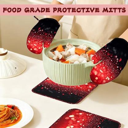 Red Gradient Sparkle Heat-Resistant Silicone Oven Mitts and Pot Holders,Long Oven Gloves with Non-Slip Grip for Cooking, Baking, Grilling,BBQ - color: Red Gradient Sparkle