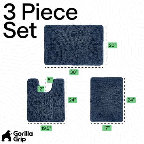 GORILLA GRIP Bathroom Rug Sets 3 Piece, Bath Mat Set and Oval Toilet Base with Rubber Backing, Plush Absorbent Shaggy Chenille Washable Mats, Includes 24x19.5, 24x17 and 30x20 Inch Rugs, Navy - color: Navy, style: 24"x19.5" + 24"x17" + 30"x20" - 3 Pack