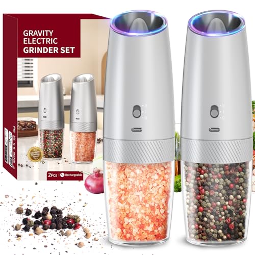 CIRCLE JOY Gravity Electric Salt and Pepper Grinder Set with 2-Speed, Rechargeable Salt and Pepper Grinder Set, Adjustable Coarseness, Whiet LED Light - color: Silver Variable Speeds, size: KYMQ + Rechargeable