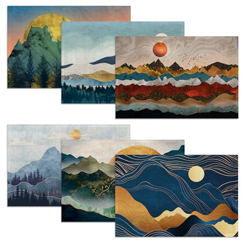 Mountains Sun Nature Scenery Placemats Set of 6, 12x18 Inch Waterproof Stain Resistant Linen Table Placemats Summer Seasonal Farmhouse Kitchen Party Decor Home Decor - color: Mountains Sun Nature Scenery