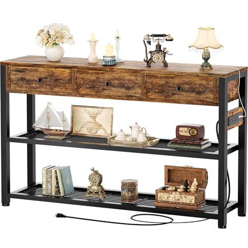 Ecoprsio Entryway Table with Outlets, 47" Console Table with 3 Drawers | Sofa Tables Narrow Long, Behind Couch Table Entry Way Table with Shelves Storage, for Living Room, Hallway, Bedroom, Rustic - color: Rustic Brown, size: 47-In