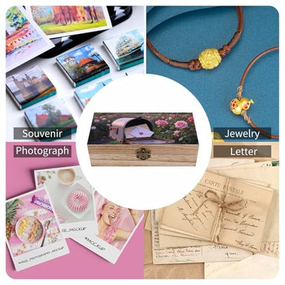 Letters in Rose Garden Wooden Keepsake Box Wood Memory Box with A Hinged Lid Wooden Storage Boxes Wood Gift Boxes for Picture Letter Time Capsule Keep Memories 8 * 3.7 * 2.3in