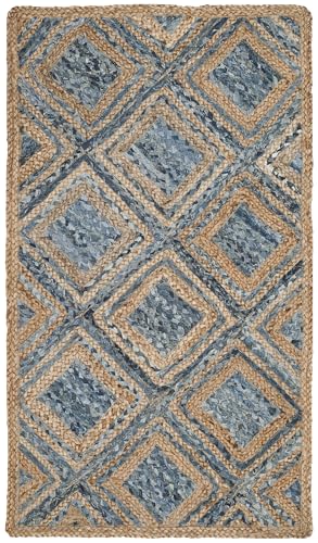 SAFAVIEH Cape Cod Collection Accent Rug - 2'3" x 4', Natural & Blue, Handmade Flat Weave Diamond Braided Jute & Denim, Ideal for High Traffic Areas in Entryway, Living Room, Bedroom (CAP354A) - color: Natural/Blue, size: 2'3" x 4' (Rectangular)