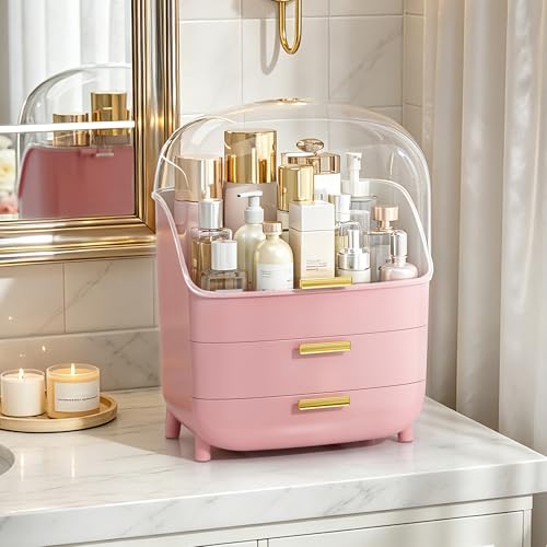 Vtopmart 3-Tier Skincare Makeup Organizer with Lids, Pink | With Drawers and Lid, For Vanity and Bathroom Countertop, Large Cosmetic Storage Box Case for Dresser, With Non-Slip Base - color: Pink, size: With Lid