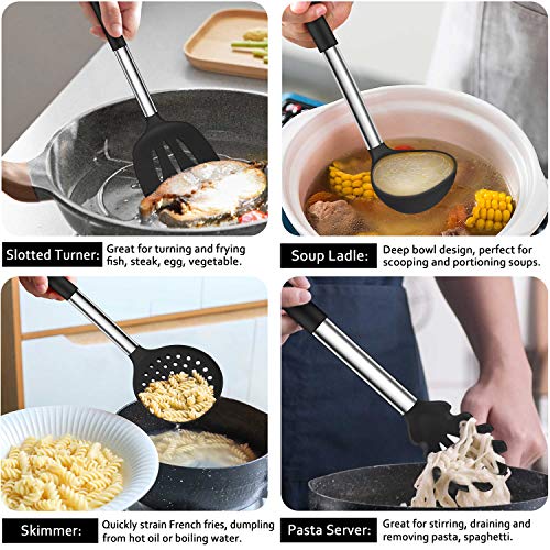 LIANYU 43 Pcs Kitchen Cooking Utensils Set, Silicone Cooking Utensils Spatula Set with Holder, Heat Resistant Kitchen Gadgets Tools for Nonstick Cookware Set, Stainless Steel Handle, Black - color: Black
