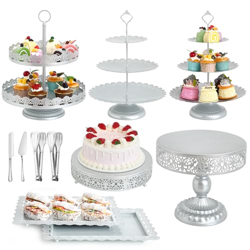 11 Pcs Silver Metal Cake Stand Set, Dessert Table Display Set for Party, Cupcake Stand and Candy Table Display Sets for Wedding, Birthday Celebration - color: Silver