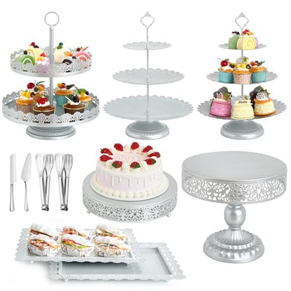 11 Pcs Silver Metal Cake Stand Set, Dessert Table Display Set for Party, Cupcake Stand and Candy Table Display Sets for Wedding, Birthday Celebration - color: Silver