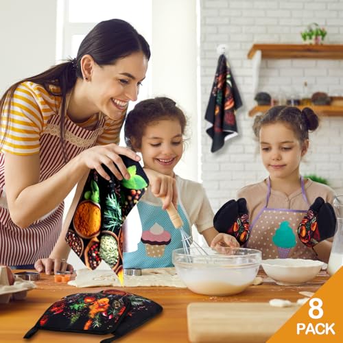 Teenyyou 8 Pcs Colorful Spices Kitchen Towels Pot Holders and Oven Mitt Set 4 Cooking Herb Dish Towels 2 Rustic Absorbent Square Potholders 2 Heat Resistant Glove for Cooking Baking Home Gifting - style: Colorful Spices