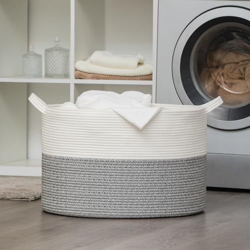 XXXLarge Woven Cotton Rope Basket (21.7" x 13.8") 90L – Blanket Basket for Living Room, Laundry Hamper, Baby Laundry Hamper, Toy Storage, Pillows & Cushions Organizer (White&Grey) - color: White&Grey