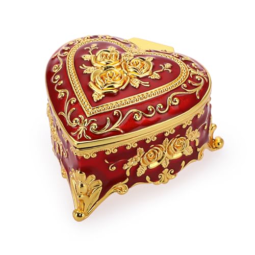 Hipiwe Heart Shape Jewelry Box Classic Metal Ring Case Holder for Women | Trinket Organizer with Rose Pattern , Jewelry Storage Box for Ring Earrings Necklace Christmas Gift, Red - color: Red