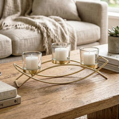 Iron Arch Table Centerpiece Decorations Long Candle Holder for Weddings, Patio, Kitchen, Dining Room, and Coffee Tables, Gold, Clear Chunky 3 Cups | Votive Candle Holders, Wrought Iron 3 Cup Candelabra, Long Modern Coffee Console Table, Clear Glass Cups,