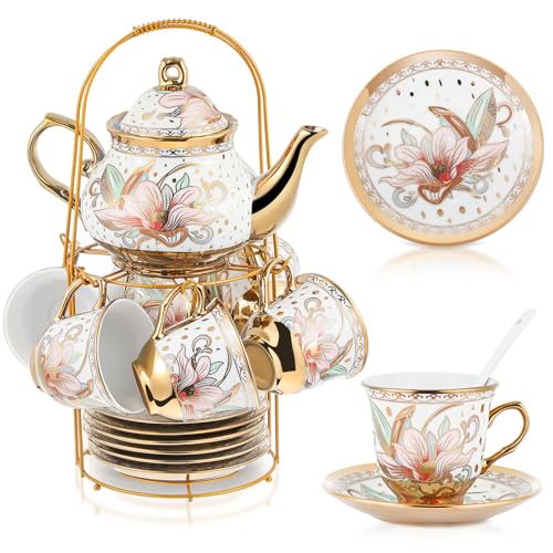 Zhehao 20 Pcs Porcelain Tea Set with Metal Holder and Spoon Adult Ceramic Tea Set European Flower Painting Teapot Cup Saucer Spoon for Women Mom Gift, Large Version (Traditional Style) - color: Traditional Style