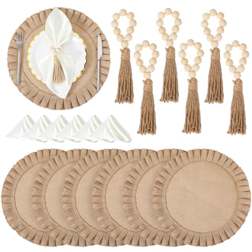 18 Pack Round Burlap Placemats Wood Bead Napkin Rings with Dinner Napkins Cloth, Jute Heat Resistant Placemats Boho Wooden Rings for Plates Wedding Dining Table