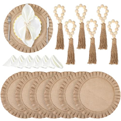 18 Pack Round Burlap Placemats Wood Bead Napkin Rings with Dinner Napkins Cloth, Jute Heat Resistant Placemats Boho Wooden Rings for Plates Wedding Dining Table