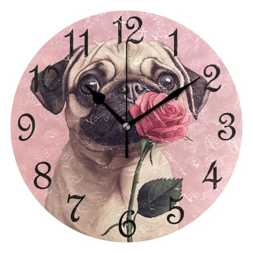 Pug Pink Rose Dog Round Wall Clock Silent Non Ticking Bathroom Clocks 10 Inch Battery Operated Clock for Kitchen Living Room Bedroom Home Decor - color: B008