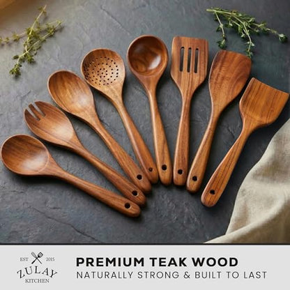 Zulay Kitchen Premium 8-Piece Wooden Spoons - Smooth Finish, Natural Teak Wood, Non-Stick, Handmade - size: 8 Piece
