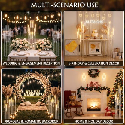 4PCS 8-Arm Acrylic Candelabra Centerpieces for Tables, Sturdy Solid Rods 45.6" Tall Floor Candle Holders Set with Shades for Wedding Birthday Party Anniversary, Clear
