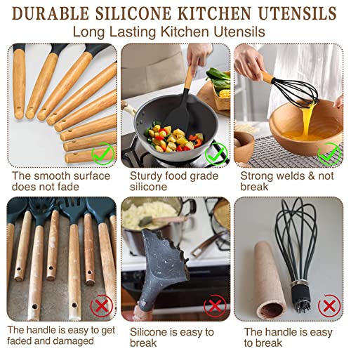 Umite Chef Kitchen Cooking Utensils Set, 33 pcs Non-Stick Silicone Cooking Kitchen Spatula Set with Holder, Wooden Handle Silicone Kitchen Gadgets Utensil Set (Black) - color: Black