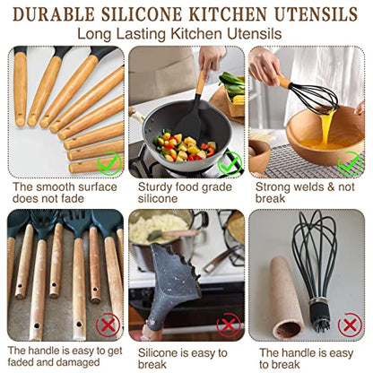Umite Chef Kitchen Cooking Utensils Set, 33 pcs Non-Stick Silicone Cooking Kitchen Spatula Set with Holder, Wooden Handle Silicone Kitchen Gadgets Utensil Set (Black) - color: Black