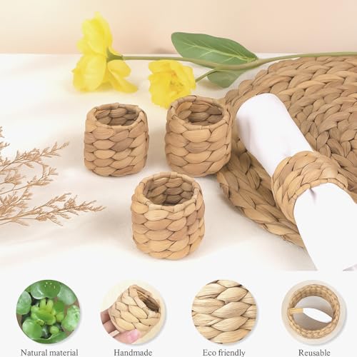 Napkin Rings Set of 4, Handmade Water Hyacinth Boho Napkin Rings, Anillos para Servilletas De Tela, Rustic Farmhouse Napkins Holder for Elegant Table Decoration, Christmas Table Decor, Wedding Decor