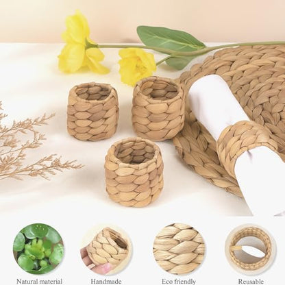 Napkin Rings Set of 4, Handmade Water Hyacinth Boho Napkin Rings, Anillos para Servilletas De Tela, Rustic Farmhouse Napkins Holder for Elegant Table Decoration, Christmas Table Decor, Wedding Decor