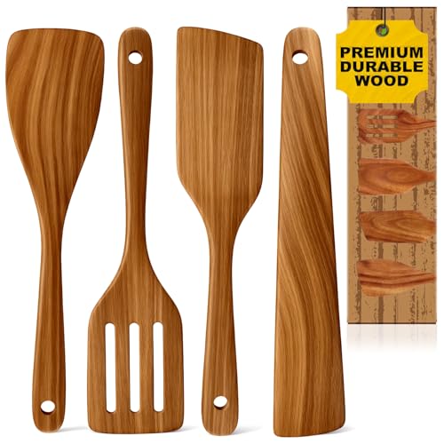 Non Toxic Wooden Cooking Utensils Set Flat Wood Spatula Spurtle Scraper | Acacia Spatula for Kitchen Use Slotted Turner Teak Utensil Cucharones De Cocina Wok Spatula Bamboo Non Stick Kitchen Utensils - color: 4 PCS SPATULA