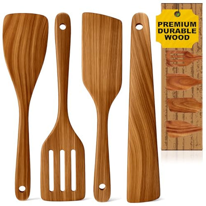Non Toxic Wooden Cooking Utensils Set Flat Wood Spatula Spurtle Scraper | Acacia Spatula for Kitchen Use Slotted Turner Teak Utensil Cucharones De Cocina Wok Spatula Bamboo Non Stick Kitchen Utensils - color: 4 PCS SPATULA