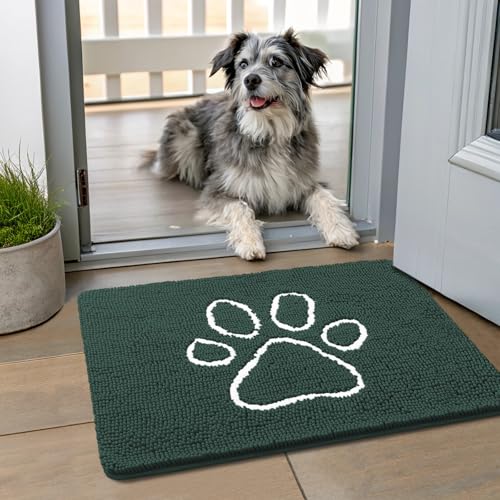 Smiry Dog Door Mat for Muddy Paws, Absorbent Non Slip Dirt Trapper, 24x16 | Green and White, Quick Dry Washable Chenille Mat for Mud Dogs, Entry Rug for Indoor and Outdoor - color: Green and White, size: 24"X16"
