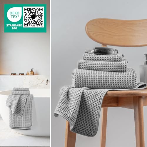 MICROFI New Microfiber Waffle Bath Towels, 3 Pieces, Oversized, Soft, Absorbent, Fast Drying, Lint Free, Includes Bath, Face and Hand Towels 430 GSM - color: Silver