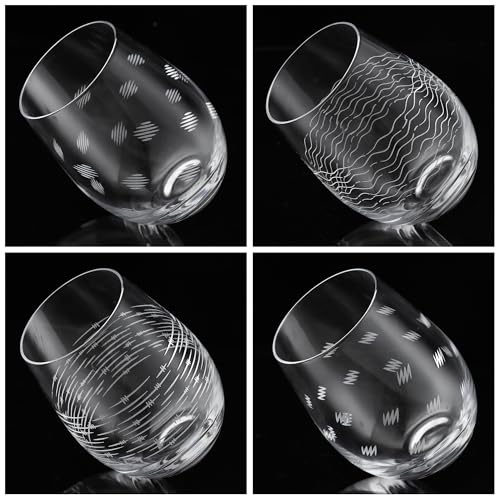 Joeyan Etched Stemless Wine Glasses,Hand Blown Drinking Glass Cups Wine Tumbler with Line Patterns,Carved Large Cocktail Whiskey Glasses,Gift for Party Wedding,4 Pack,17.5 oz,Dishwasher Safe - color: Geometry Theme