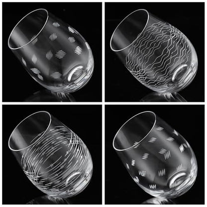 Joeyan Etched Stemless Wine Glasses,Hand Blown Drinking Glass Cups Wine Tumbler with Line Patterns,Carved Large Cocktail Whiskey Glasses,Gift for Party Wedding,4 Pack,17.5 oz,Dishwasher Safe - color: Geometry Theme
