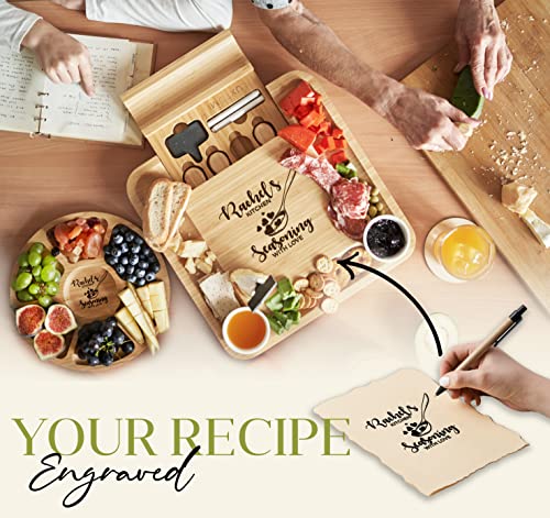 Personalized Bamboo Cheese Board and Knife Set - Custom Engraved Platter Serving Tray with Slide Out Drawer & 4 Stainless Steel Knives - Unique Gift Set for Anniversary, Wedding (Design 9) - color: Design 9