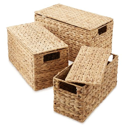 Casafield Set of 3 Water Hyacinth Storage Baskets with Lids, Natural - Small, Medium, Large Woven Nesting Bins for Bathroom, Bedroom, Closets, Shelves