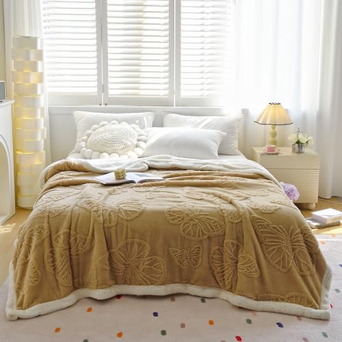 Sherpa Bed Blanket 80 × 90 inch, Ultra Soft Queen Size Throw Blanket for All Season, Cozy Plush Butterfly Fleece Blankets for Bedroom Living Room Dorm Hostel Sofa Camping, Gamel - color: D-camel, size: 80x90 inch