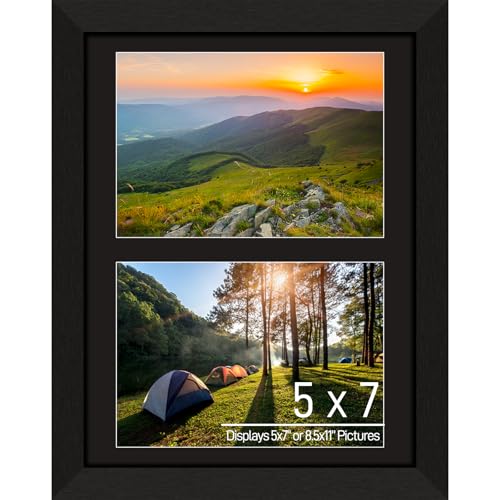 5x7 Double Picture Frame Collage 2 Openings, Black Wood Frame | Holds 2 5x7 Photos or 8.5x11 Picture, Multi Photo Collage Frame Wall/ Table Decor Wooden, Horizontal & Vertical, Black Mat - color: Black Frame & Black Mat, size: 2 Openings (8.5x11) - 5x7