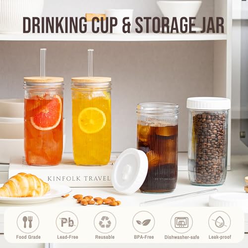SoulTimes 24oz Mason Jar Drinking & Storage- Ribbed Glass Tumbler with Straw and Lid. Wide Mouth Boba Cups for Ice Coffee, Smoothie, etc. Leakproof and Reusable Food Container For Travel To Go 【4 Pcs】