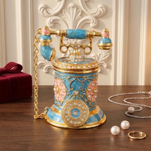 Retro Telephone Trinket Boxes Mini Enamel Jewelry Box for Women Girls Ring Pendant Storage Organizer with Hinged Lid (Blue) - color: Blue