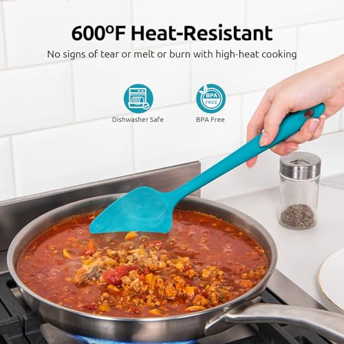 U-Taste 480ºF Heat Resistant Food Grade Silicone Spoon Spatula Set of 3 (Multicolor), and 480℉ Heat-Resistant Food-Grade Non-Stick Firm Cooking Tong 9 inch (Aqua Sky)