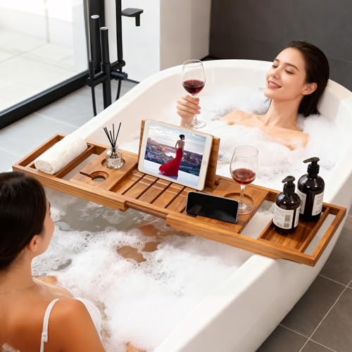 Expandable Teak Bathtub Tray - Luxury Wooden Bath Caddy & Tub Shelf, Over-The-Tub Bath Table with Book & Wine Glass Holder, Waterproof Bathroom Organizer for Spa Experience