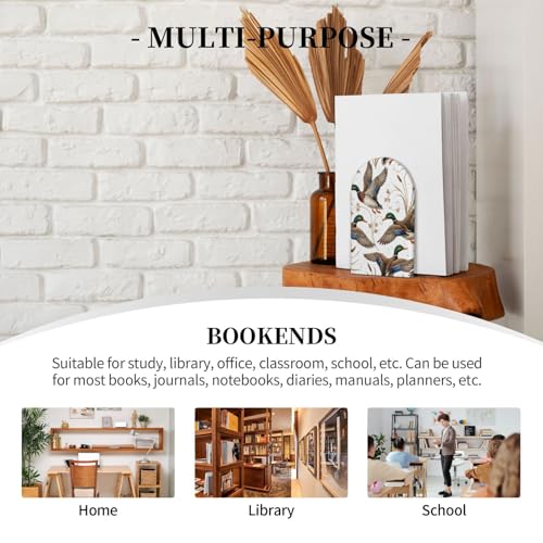 Wood Bookends for Shelves, Mallard Ducks Decorative Non-Slip Book Holder/Stands/Stopper for Office Home Decor, Aesthetic Book Ends, Desk Organizers, Book Dividers