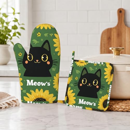 Black Cat Oven Mitts and Pot Holders Sets Cartoon Sunflower Silicone Heat Resistant Kitchen Oven Gloves Pot Holder for Cooking Baking Grilling BBQ - color: Black Cat