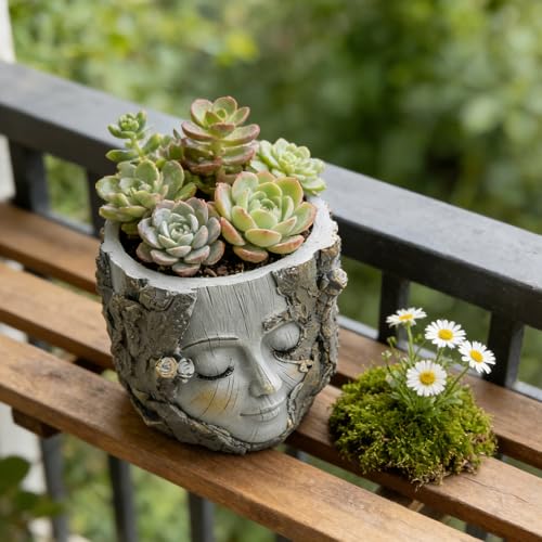 Face Planter Pot with Drainage Hole, 5" Resin Tree Stump Head Planter for Indoor Outdoor Plants, Cute Succulent Pots for Home Garden Decor, Plant Lover Gifts