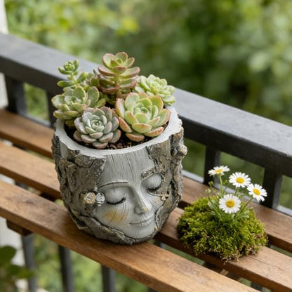 Face Planter Pot with Drainage Hole, 5" Resin Tree Stump Head Planter for Indoor Outdoor Plants, Cute Succulent Pots for Home Garden Decor, Plant Lover Gifts