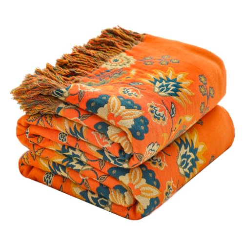 Summer Throw Blanket for Couch Bed Chair,100% Cotton 4-Layer Gauze Soft Lightweight Blanket Rustic Muslin Quilt -Orange Floral Farmhouse Decor Bed All Season Blankets,60"×80" - color: Orange Flower, size: 60''x80''