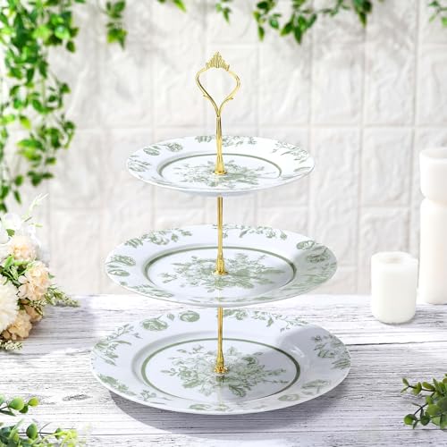 Lallisa Sage Green Floral 3 Tier Dessert Stand 10", 9" and 7" Ceramic Vintage Chinoiserie Tea Party Tiered Tray Cupcake Stand Display Holder Tower for Wedding Baby Shower Bridal Shower Tea Party - color: Sage Green, style: Chinoiserie